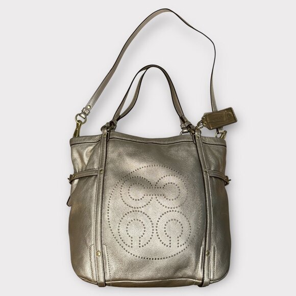 Coach Audrey Andie Tote 17064 Gold Metallic Leather Op Art Convertible Bag + Tag - Picture 4 of 9